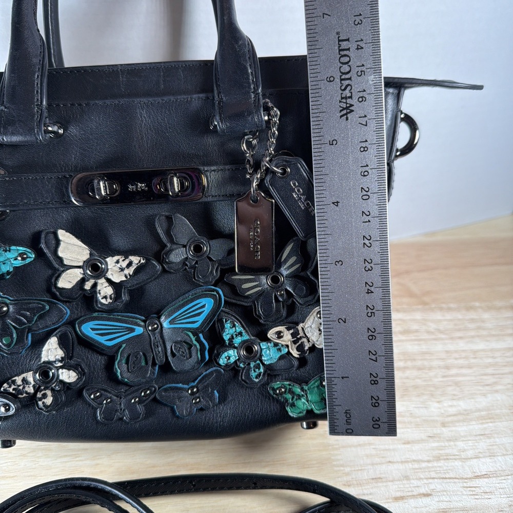 Coach Swagger 17 Black Butterfly Applique Genuine Leather Crossbody Bag Purse - Picture 3 of 16